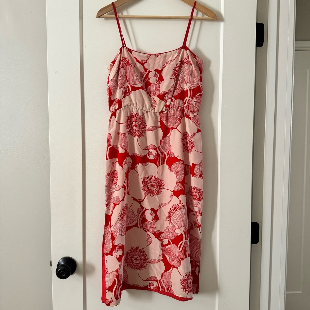 Paul & Joe 100% Silk Red Floral Midi Dress with Slits